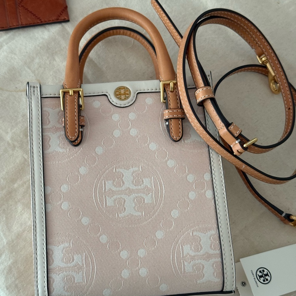 Tory Burch Mini T Monogram Perforated Leather Tote Crossbody, pale pink, NWT - Picture 5 of 11
